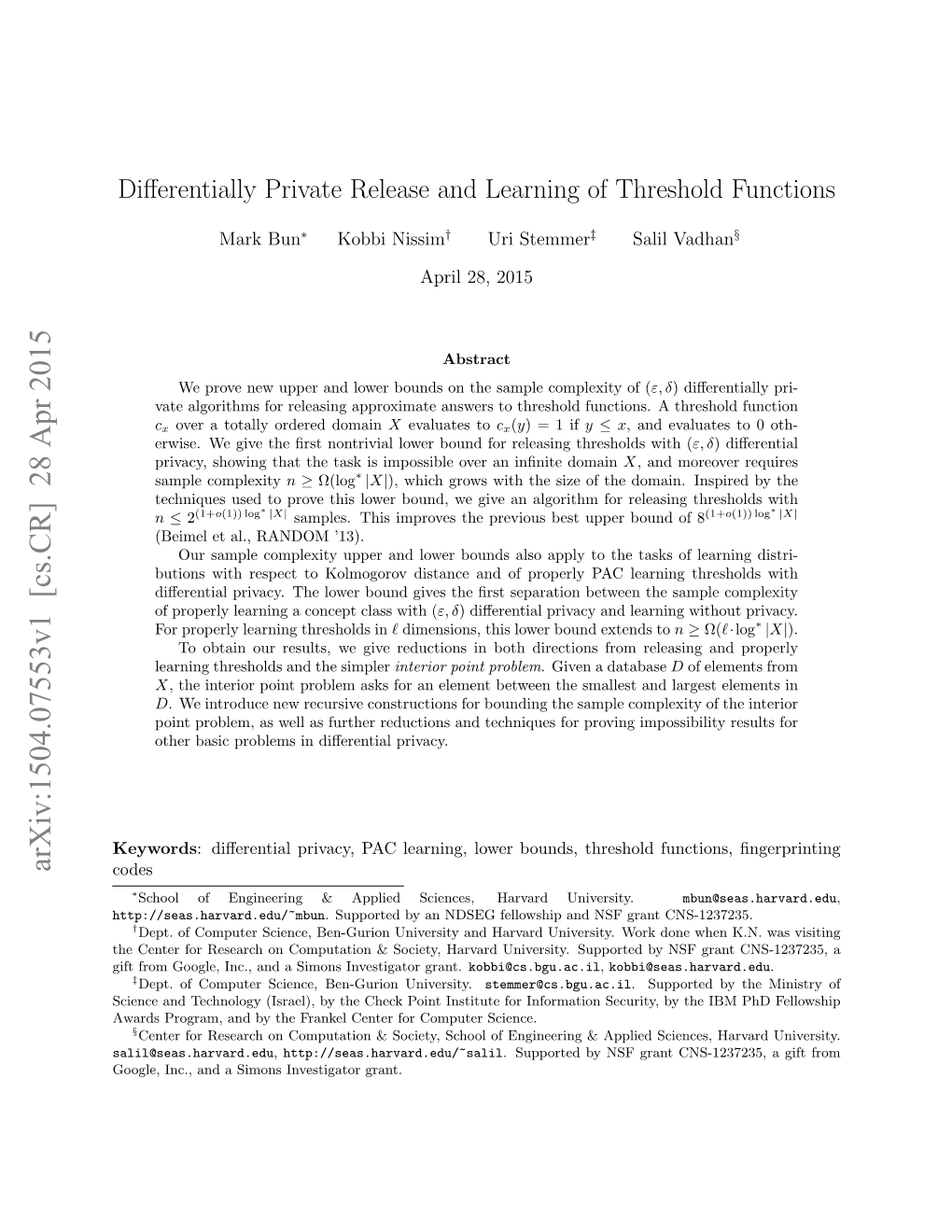 Differentially Private Release and Learning of Threshold Functions