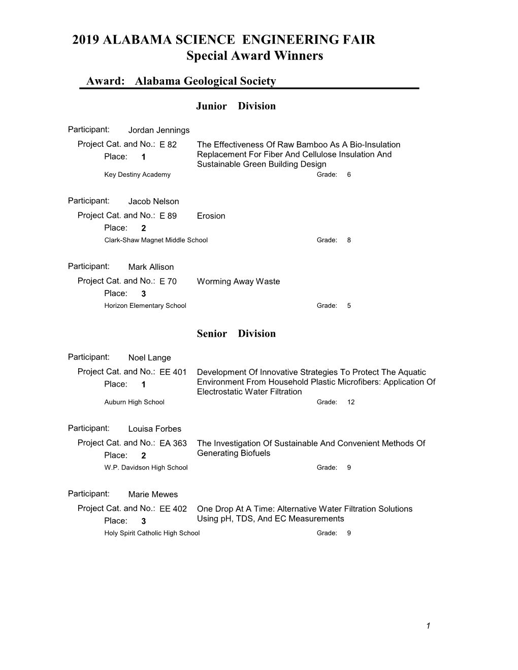 2019 ALABAMA SCIENCE ENGINEERING FAIR Special Award Winners