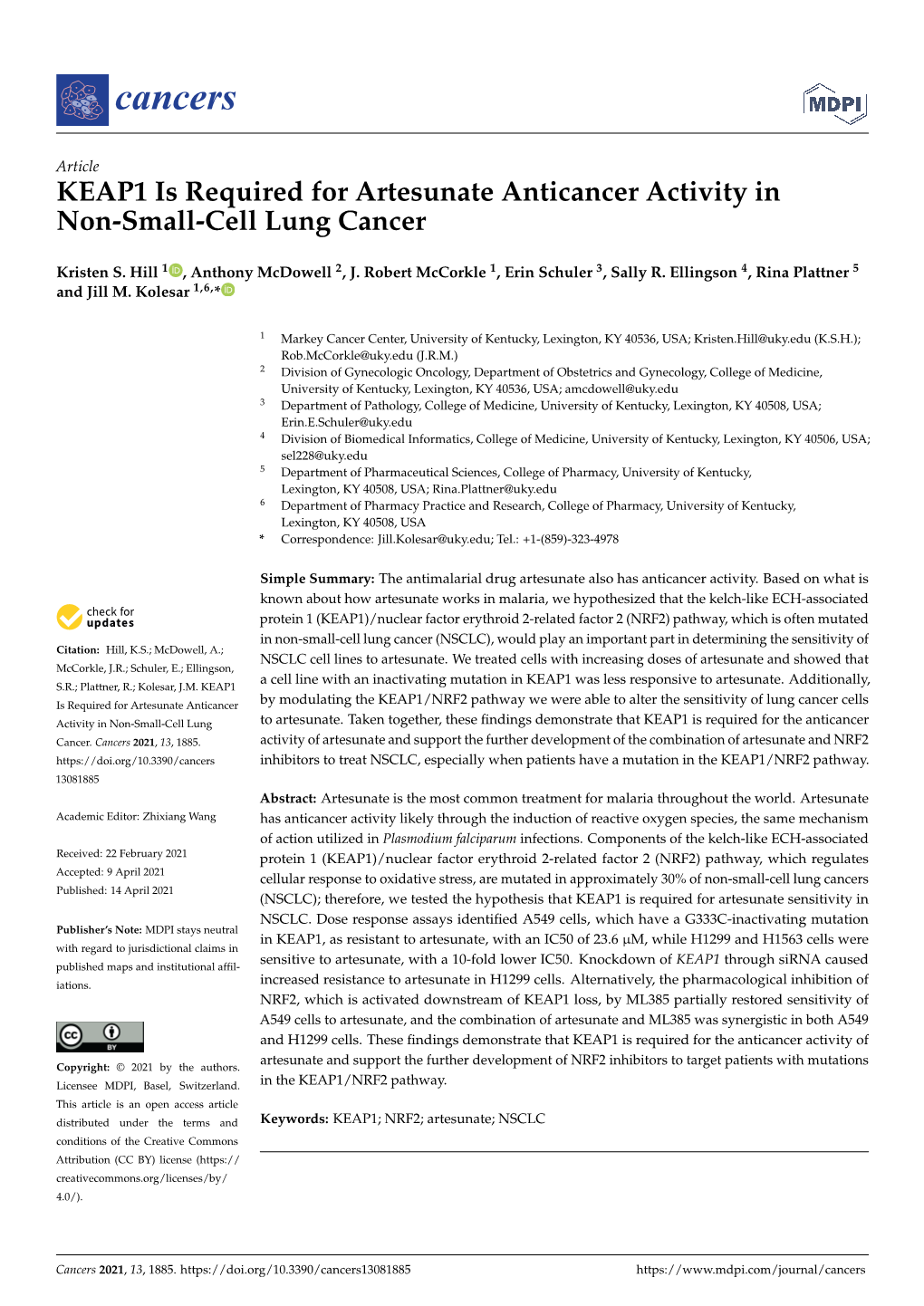 KEAP1 Is Required for Artesunate Anticancer Activity in Non-Small-Cell Lung Cancer