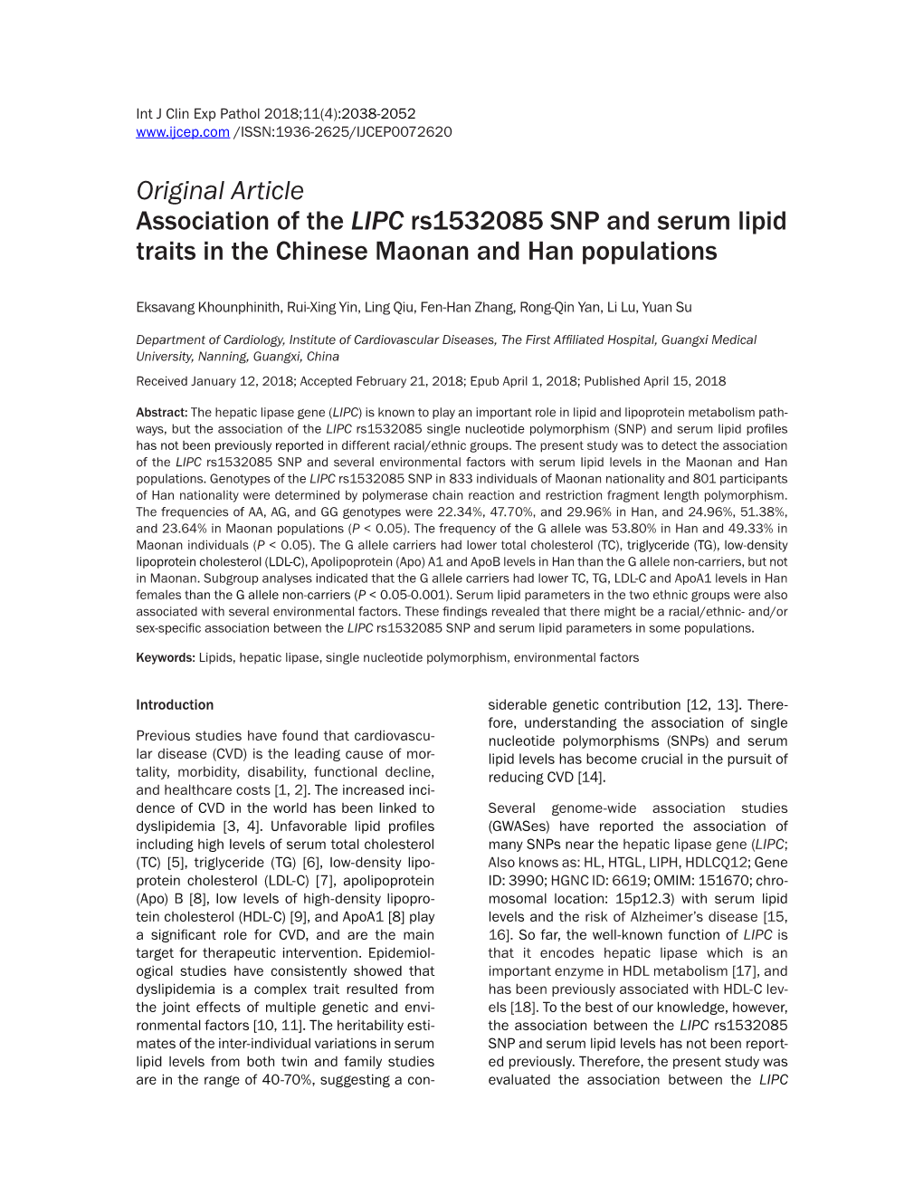 Original Article Association of the LIPC Rs1532085 SNP and Serum Lipid Traits in the Chinese Maonan and Han Populations