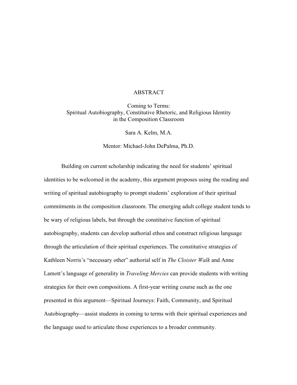 Spiritual Autobiography, Constitutive Rhetoric, and Religious Identity in the Composition Classroom