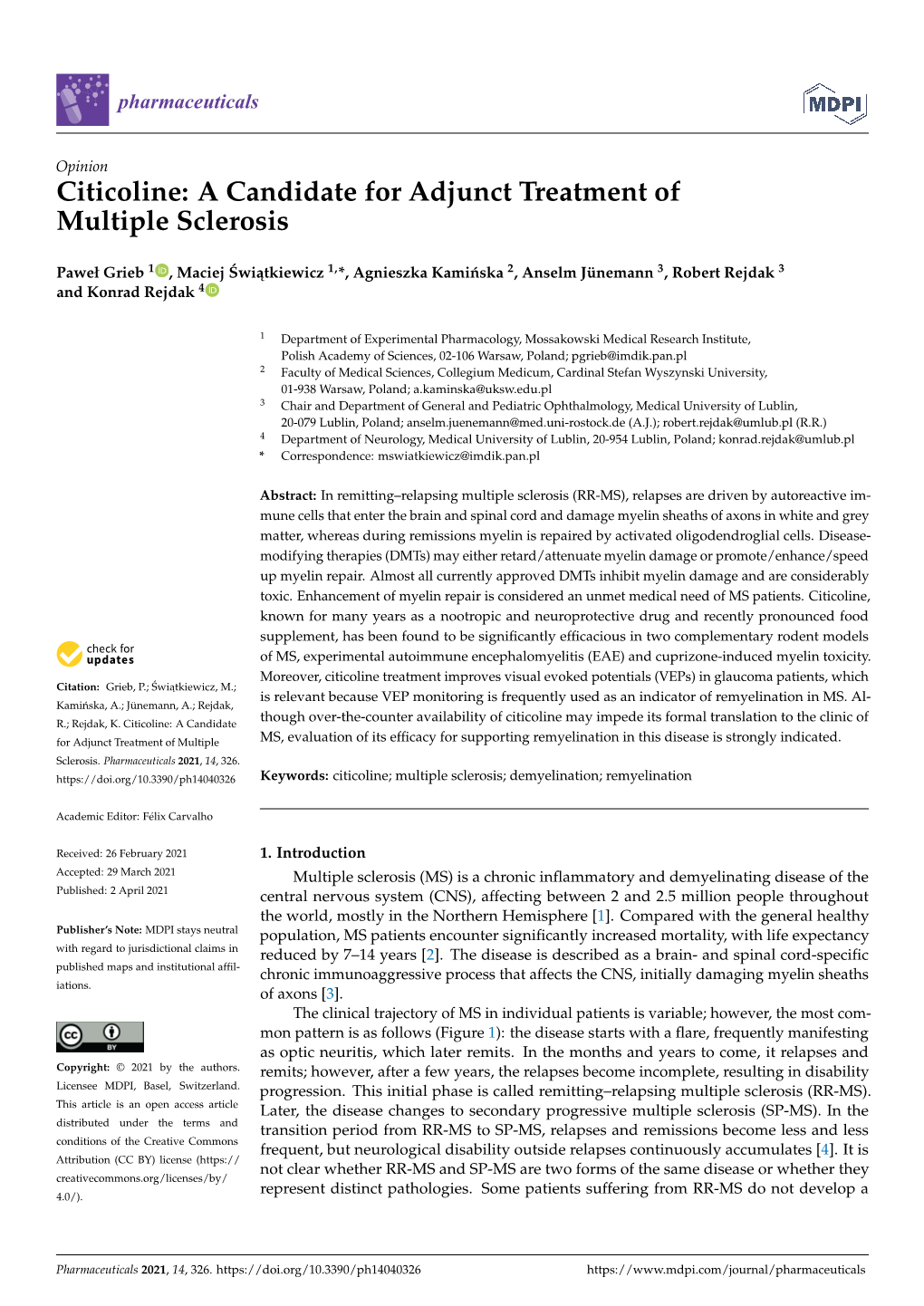 Citicoline: a Candidate for Adjunct Treatment of Multiple Sclerosis
