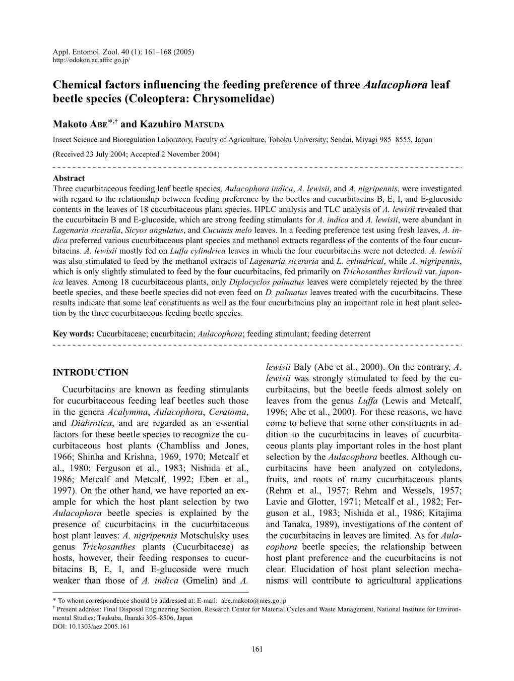 Chemical Factors Influencing the Feeding Preference of Three