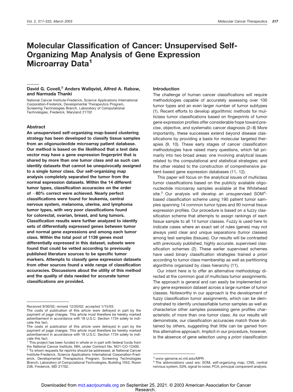 Organizing Map Analysis of Gene Expression Microarray Data1