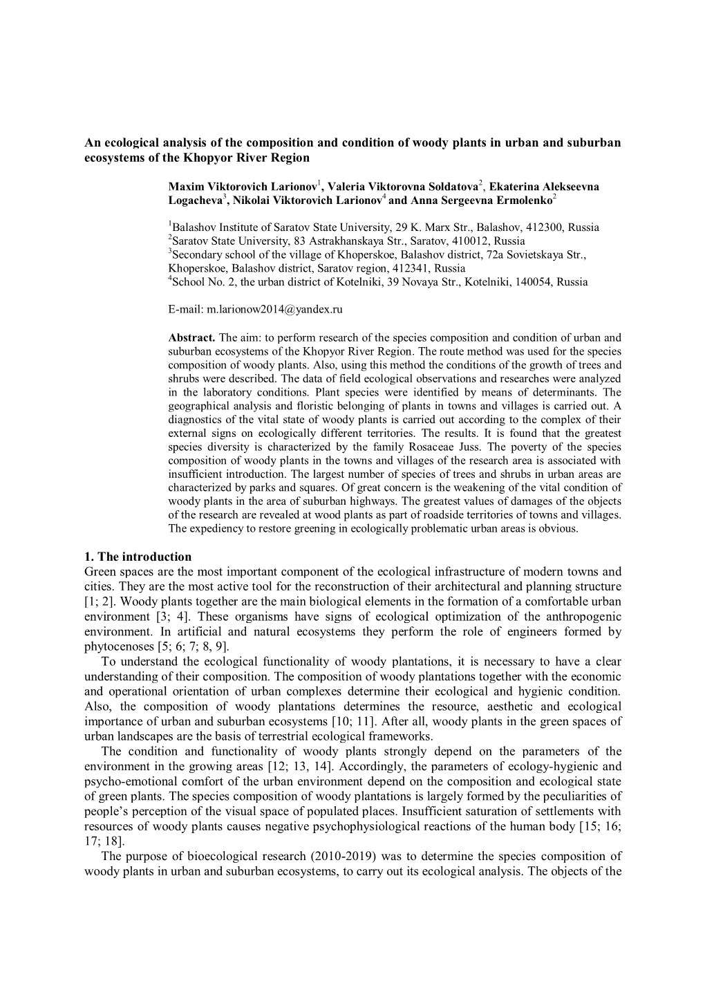 An Ecological Analysis of the Composition and Condition of Woody Plants in Urban and Suburban Ecosystems of the Khopyor River Region