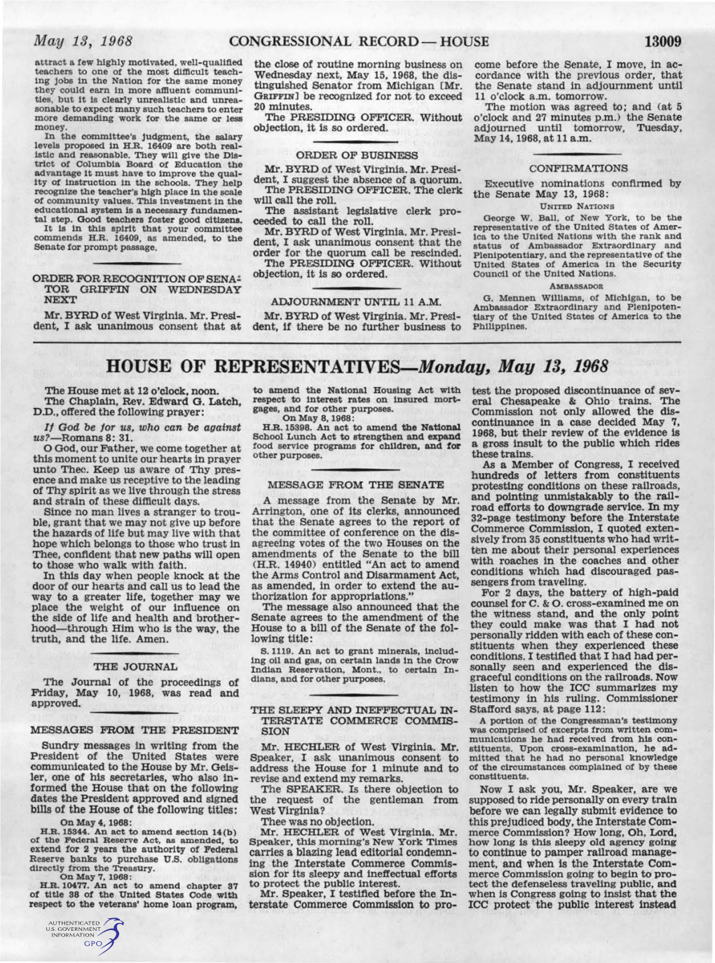 HOUSE, O·F REPREISENTATIVE:S-Monday, May 13, 1968 the House Met at 12 O'clock, Noon