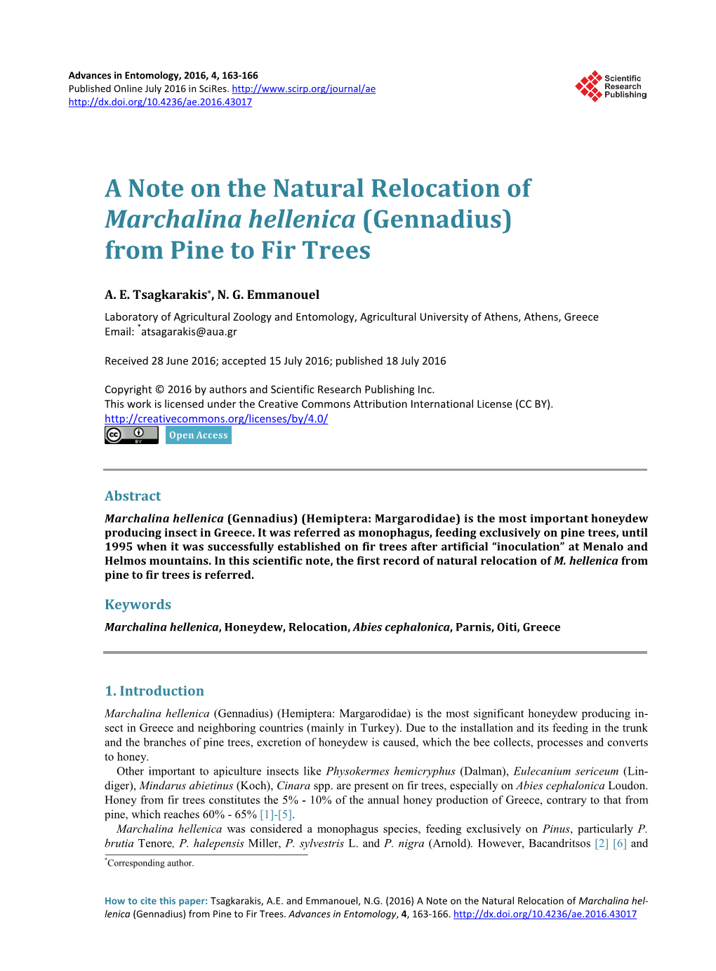 A Note on the Natural Relocation of Marchalina Hellenica (Gennadius) from Pine to Fir Trees