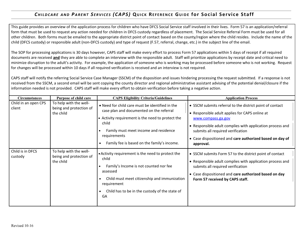 Childcare and Parent Services (CAPS) Quick Reference Guide for Social Service Staff