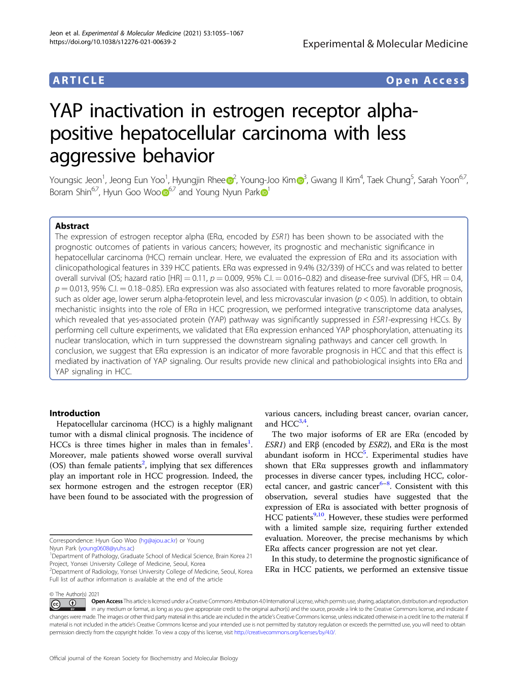 YAP Inactivation in Estrogen Receptor Alpha-Positive Hepatocellular