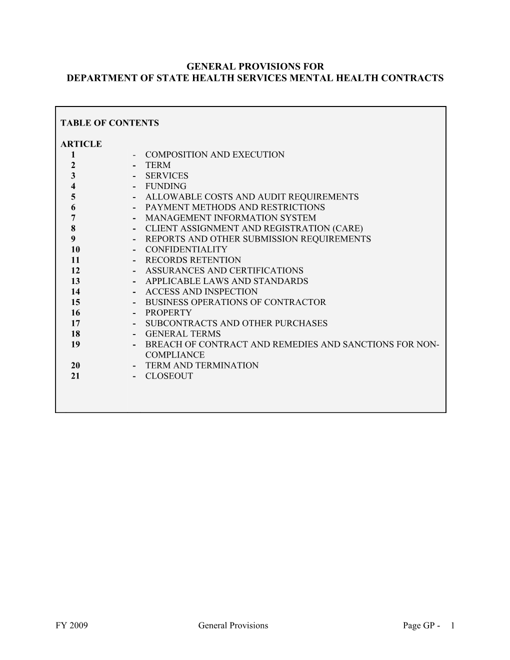 Department of State Health Services Mental Health Contracts