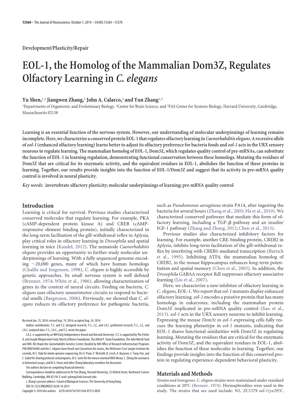 EOL-1, the Homolog of the Mammalian Dom3z, Regulates Olfactory Learning in C