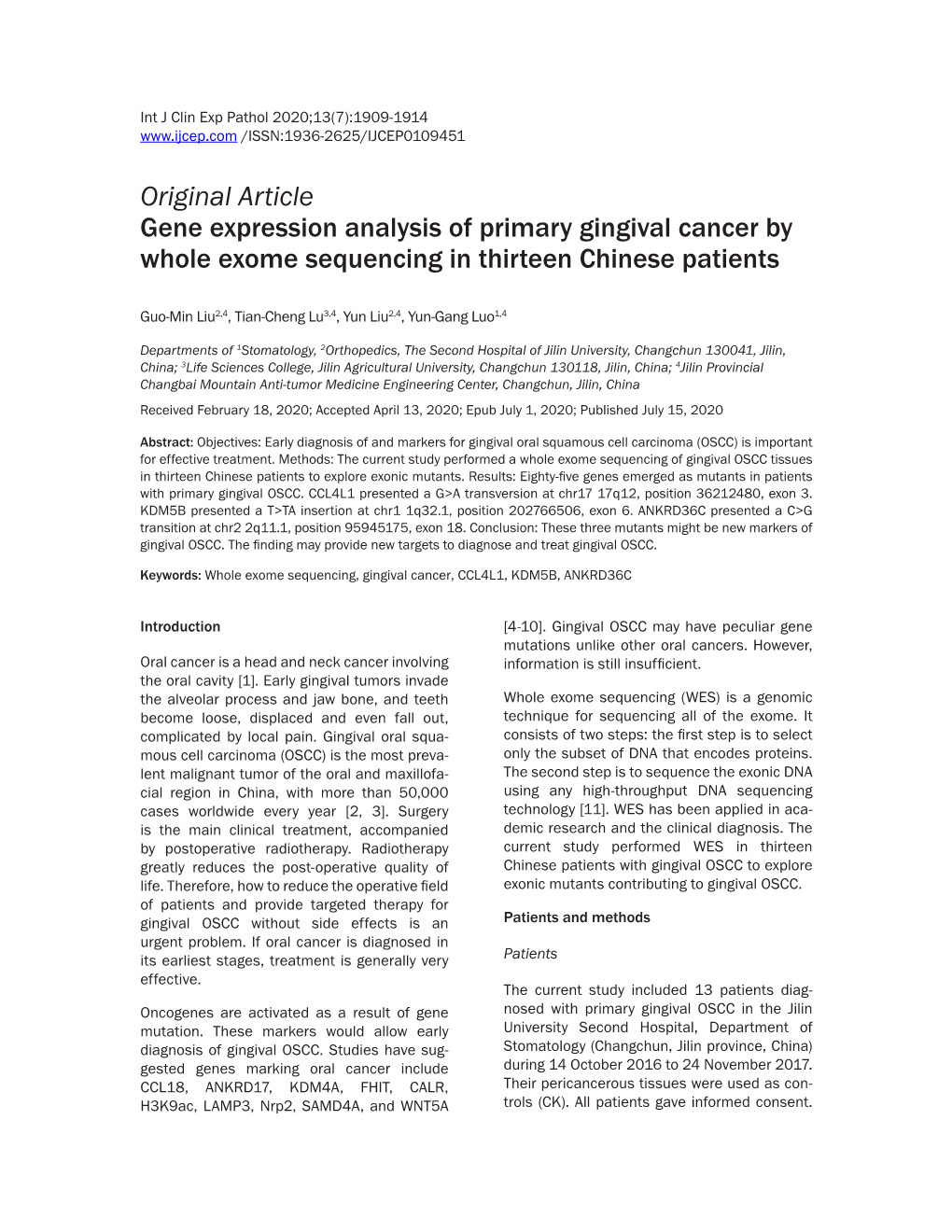 Original Article Gene Expression Analysis of Primary Gingival Cancer by Whole Exome Sequencing in Thirteen Chinese Patients