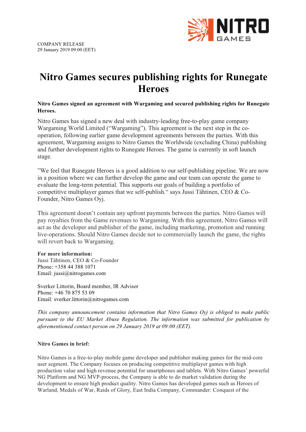 Nitro Games Secures Publishing Rights for Runegate Heroes