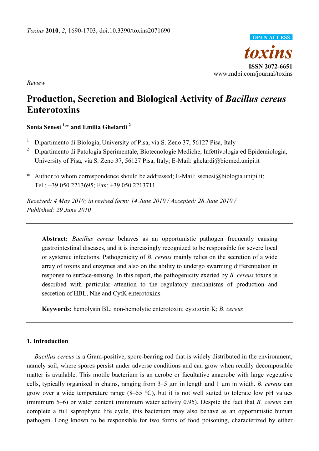 Production, Secretion and Biological Activity of Bacillus Cereus Enterotoxins
