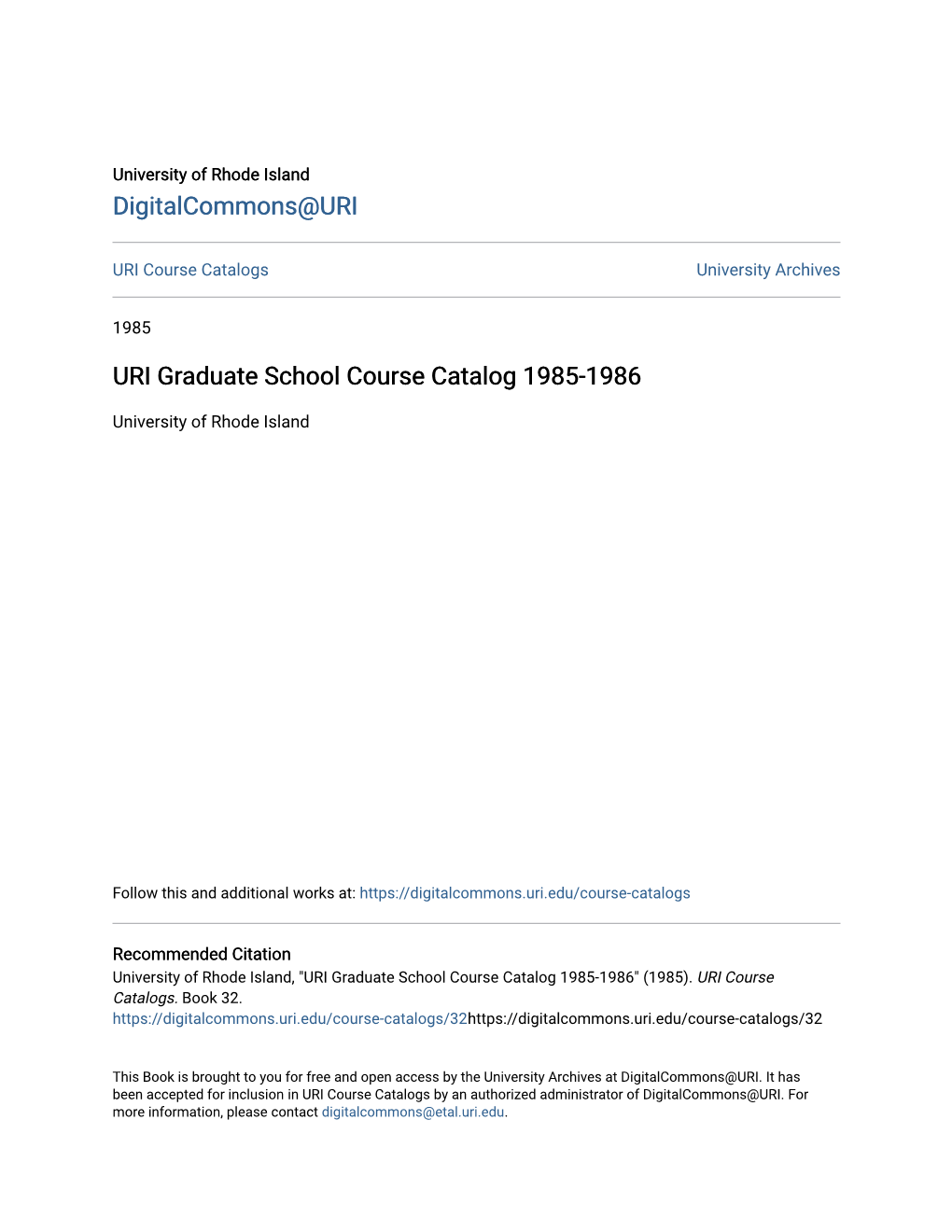 URI Graduate School Course Catalog 1985-1986