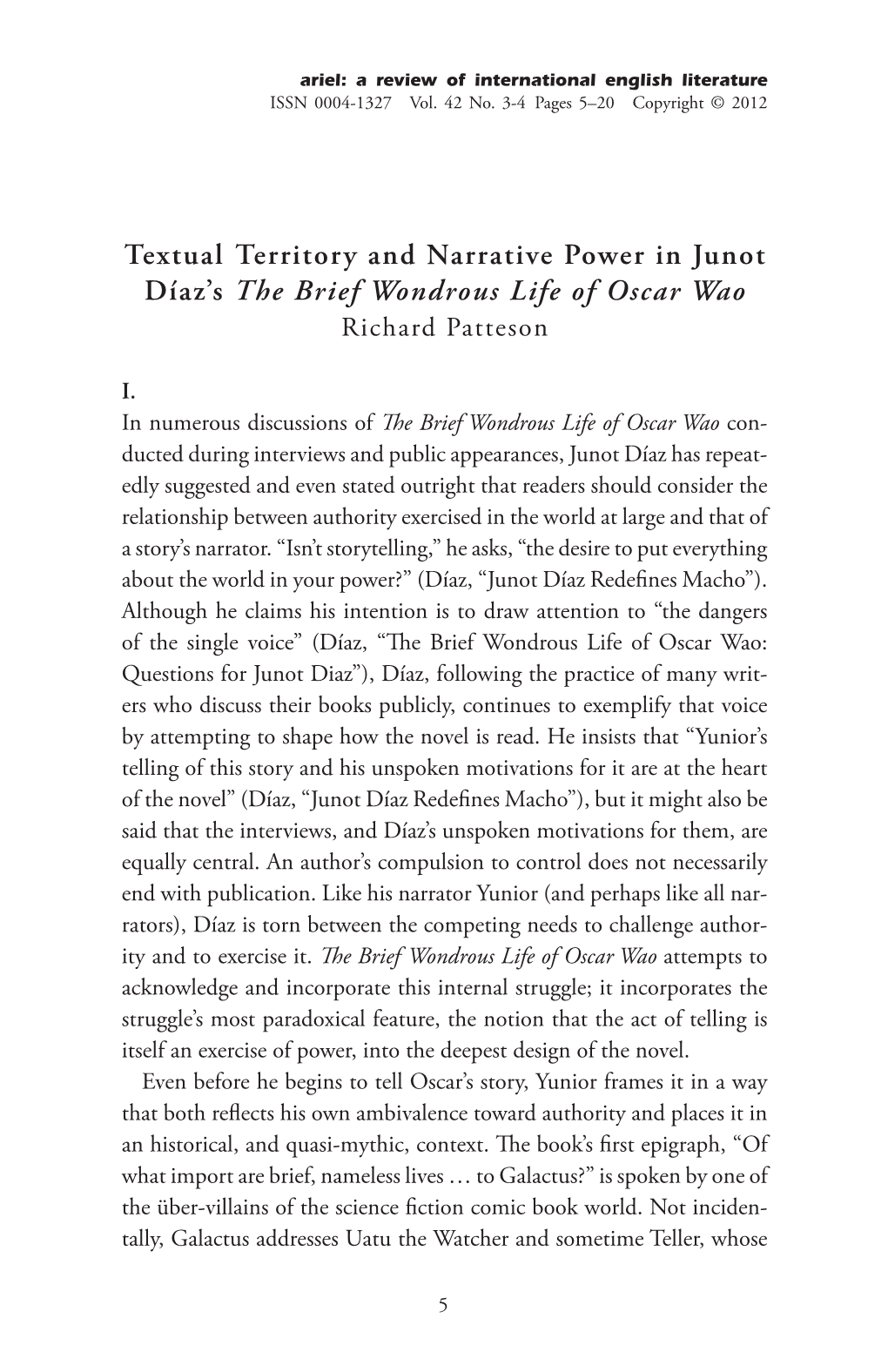 Textual Territory and Narrative Power in Junot Díaz's the Brief Wondrous