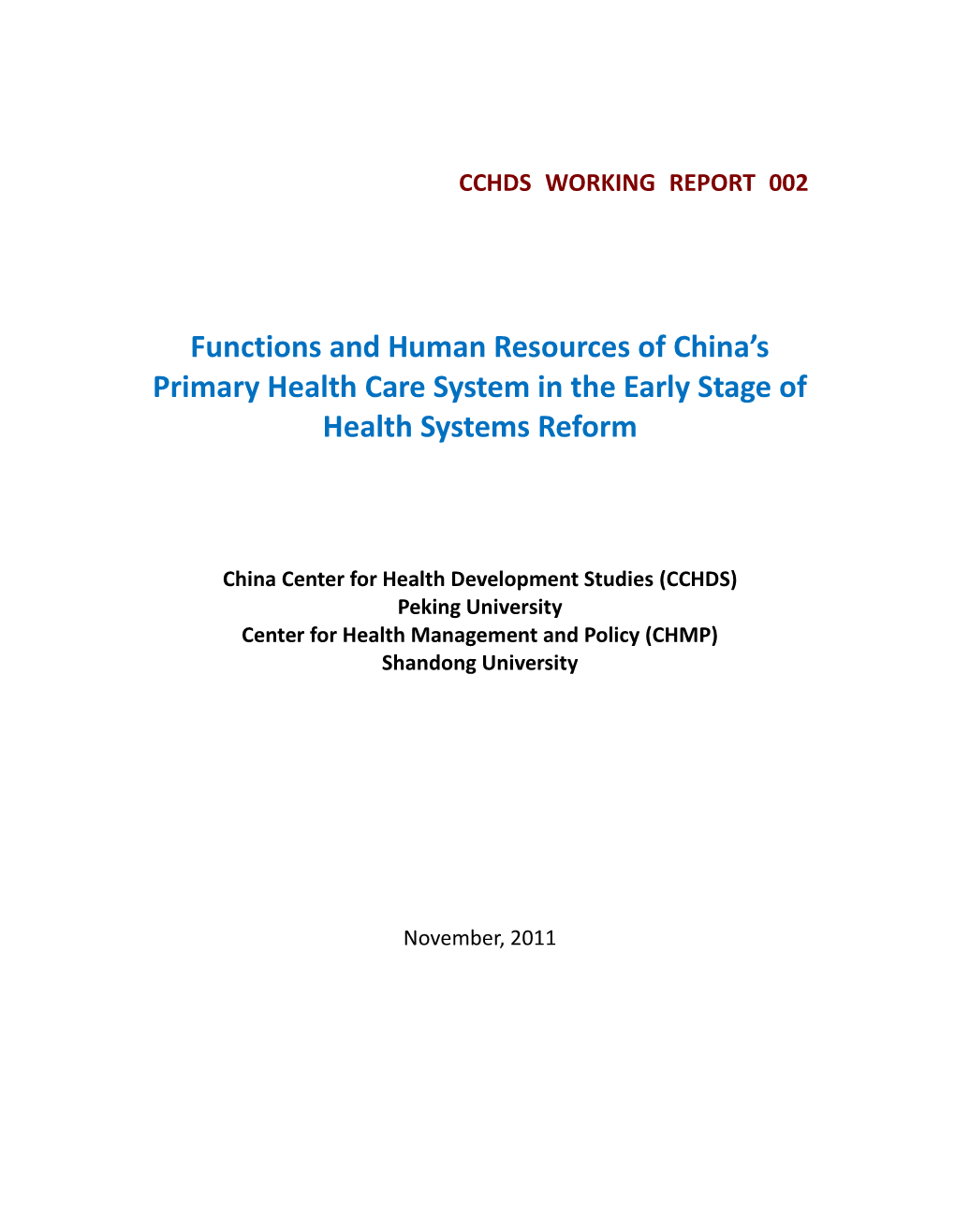 Functions and Human Resources of China's Primary Health Care