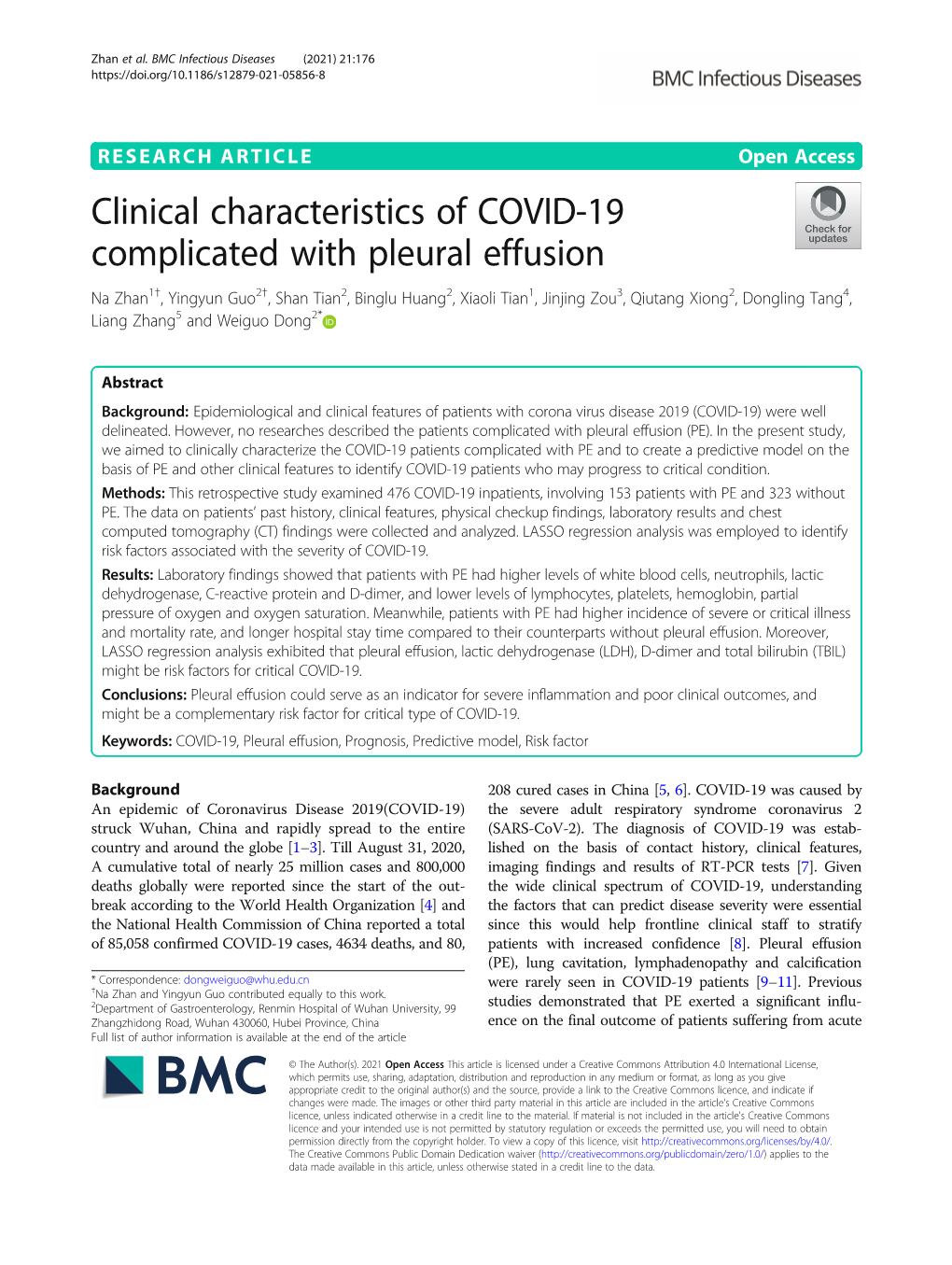 Clinical Characteristics of COVID-19 Complicated with Pleural Effusion