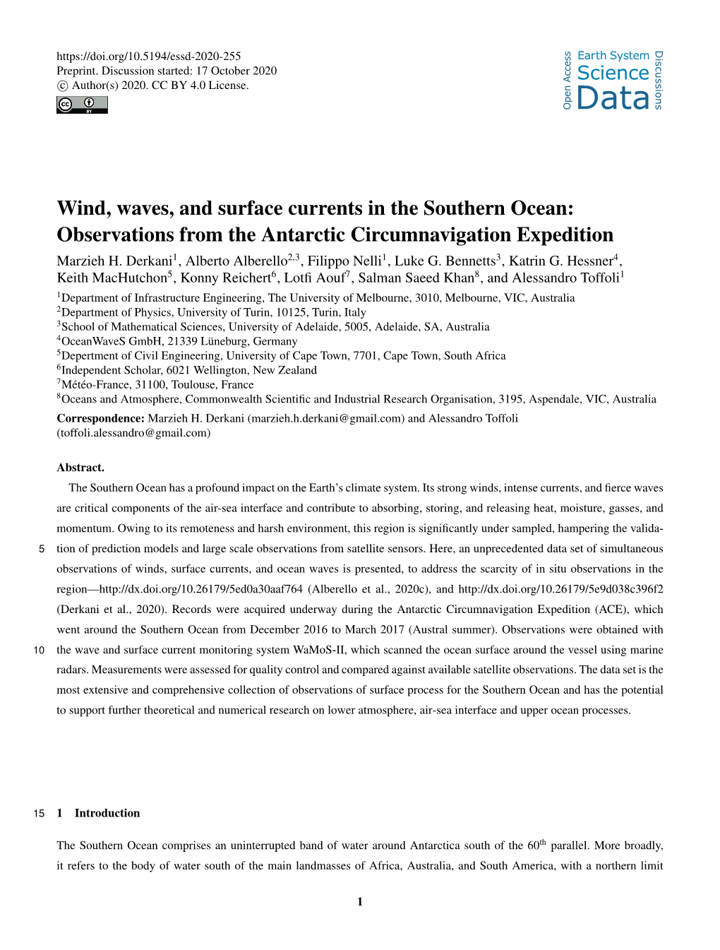 Wind, Waves, and Surface Currents in the Southern Ocean: Observations from the Antarctic Circumnavigation Expedition Marzieh H