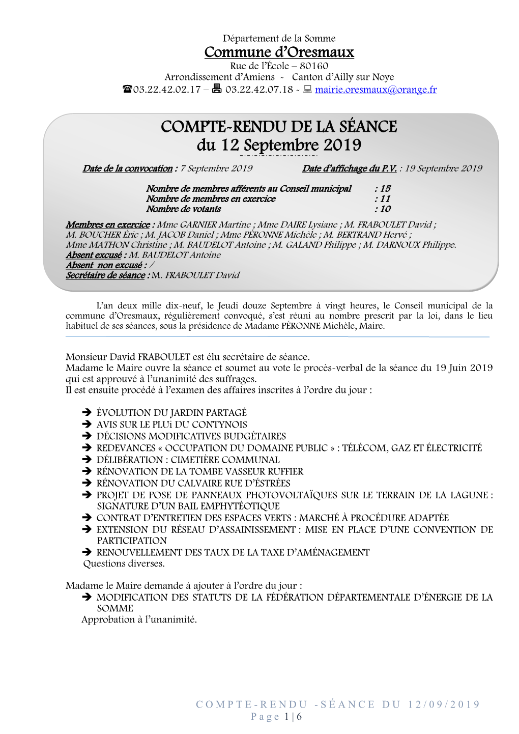 COMPTE-RENDU DE LA SÉANCE Du 12 Septembre 2019