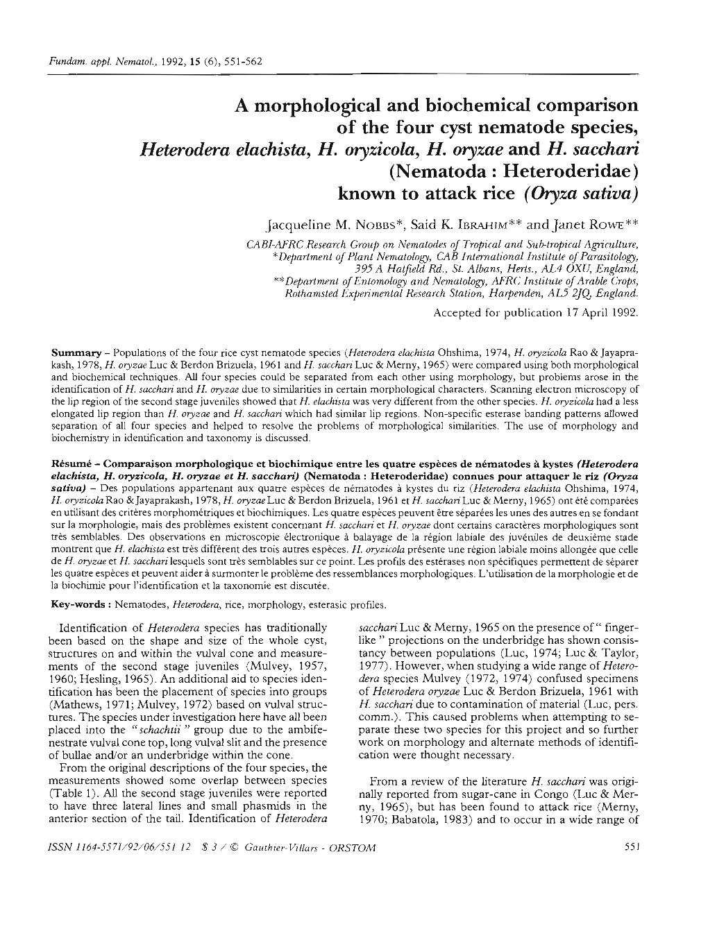 A Morphological and Biochemical Comparison of the Four Cyst Nematode Species, Heterodera Elachista, H