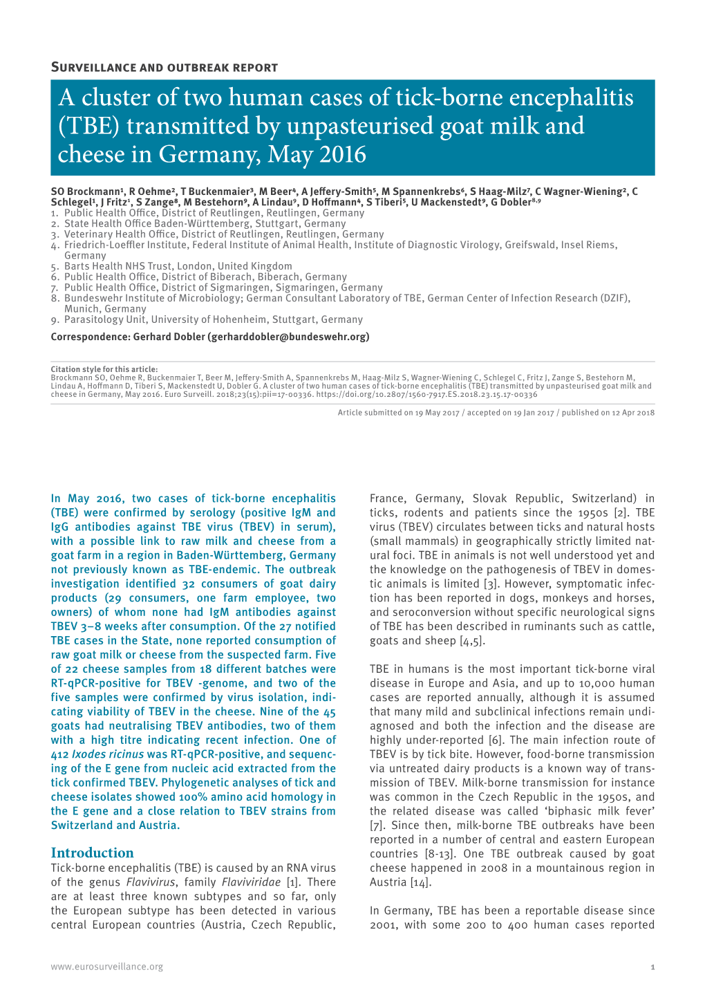 A Cluster of Two Human Cases of Tick-Borne Encephalitis (TBE) Transmitted by Unpasteurised Goat Milk and Cheese in Germany, May 2016