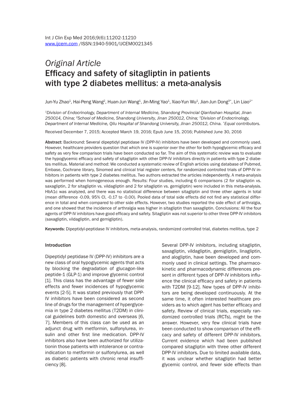 Original Article Efficacy and Safety of Sitagliptin in Patients with Type 2 Diabetes Mellitus: a Meta-Analysis