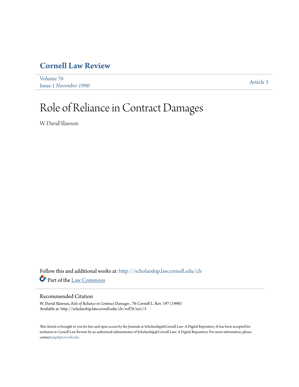 Role of Reliance in Contract Damages W