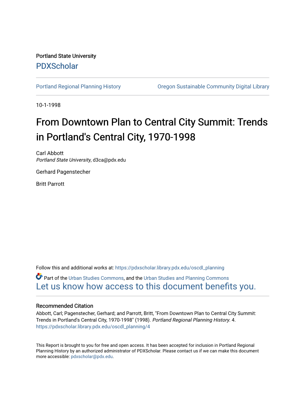 From Downtown Plan to Central City Summit: Trends in Portland's Central City, 1970-1998