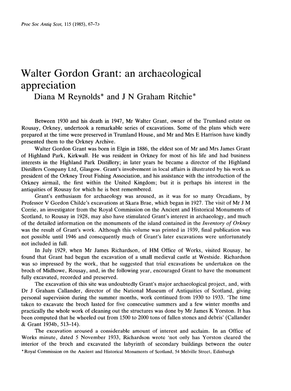 Walter Gordon Grant: an Archaeological Appreciation Dian Reynoldsam Grahan J D M*An Ritchie*