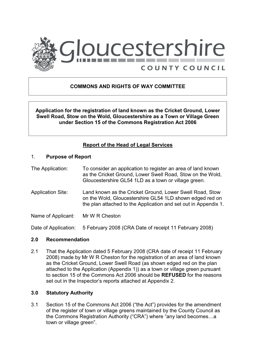 Application for the Registration of Land Known As the Cricket Ground