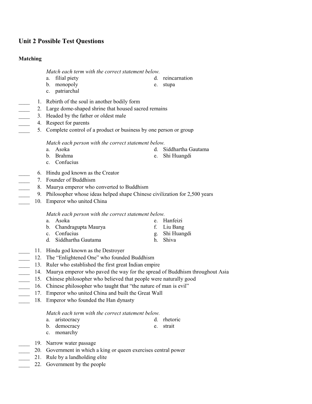 Possible Test Questions