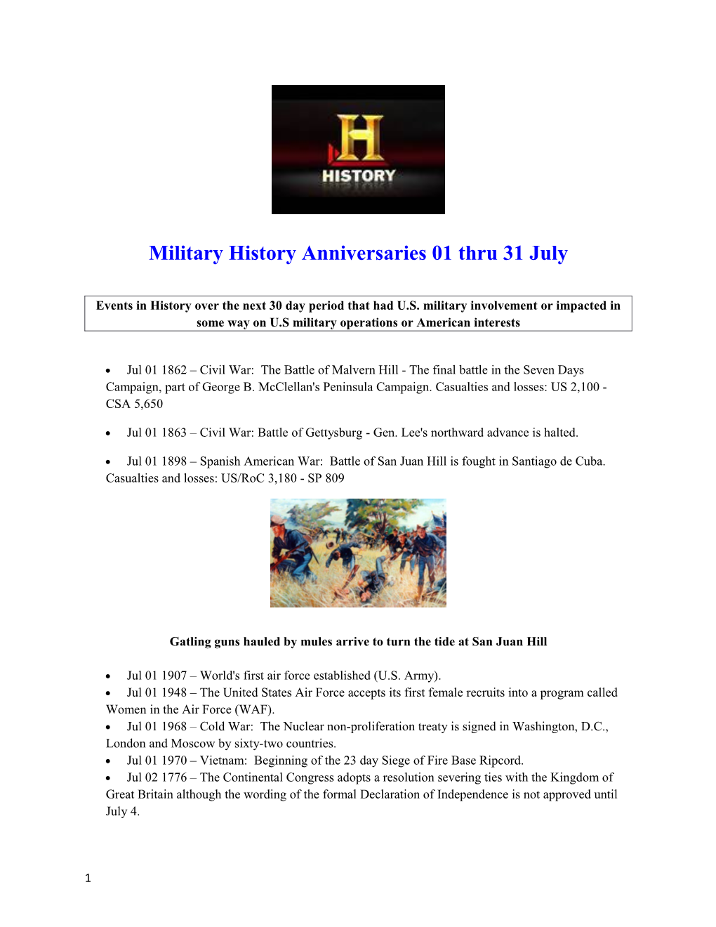 Military History Anniversaries 01 Thru 31 July