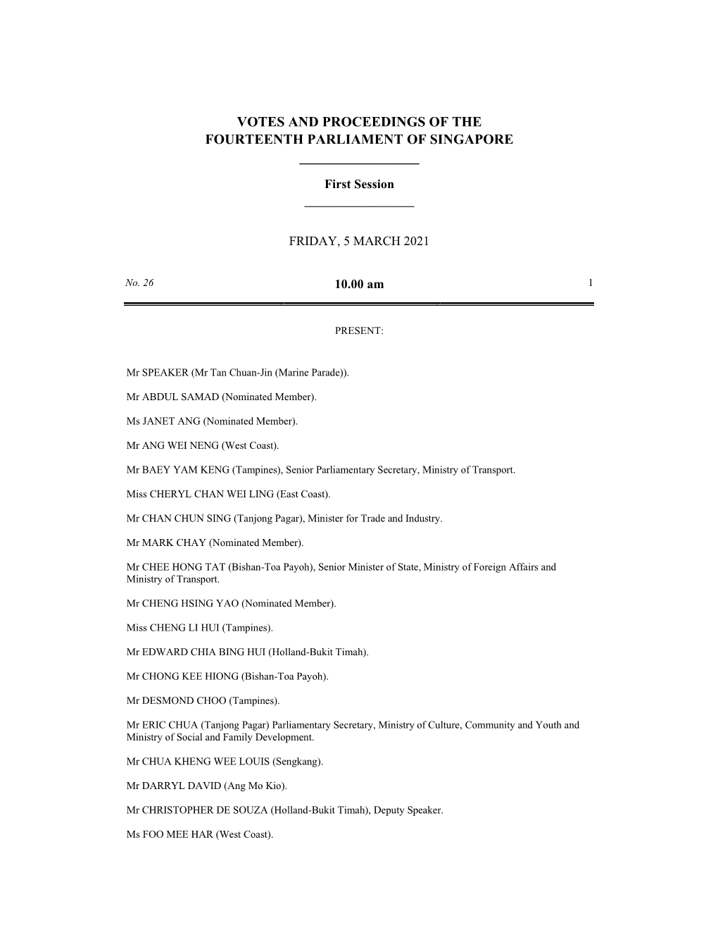 Votes and Proceedings of the Fourteenth Parliament of Singapore ______