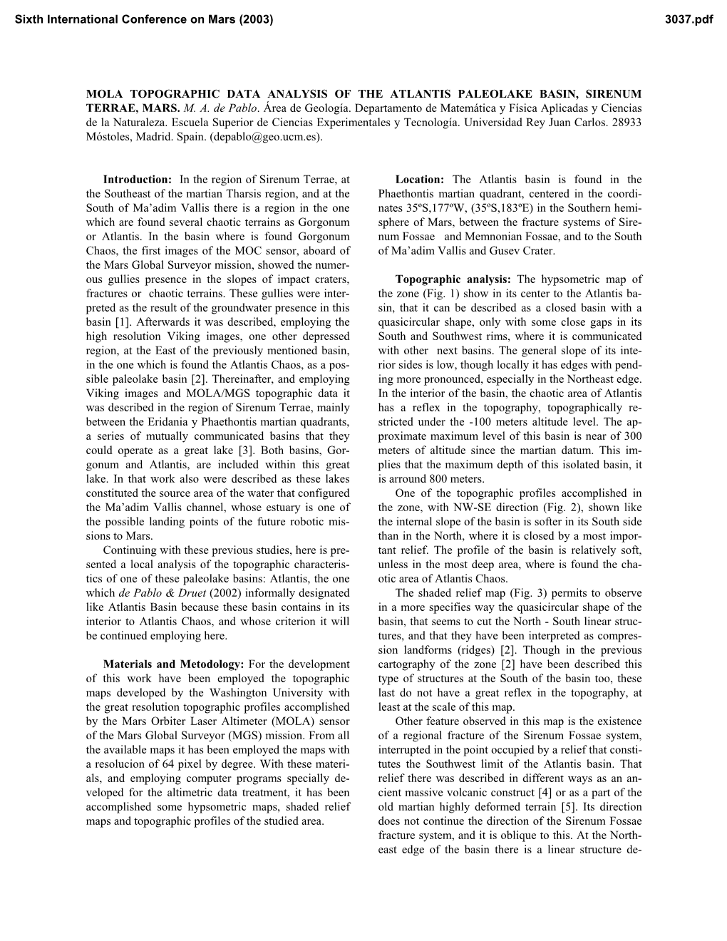 Mola Topographic Data Analysis of the Atlantis Paleolake Basin, Sirenum Terrae, Mars