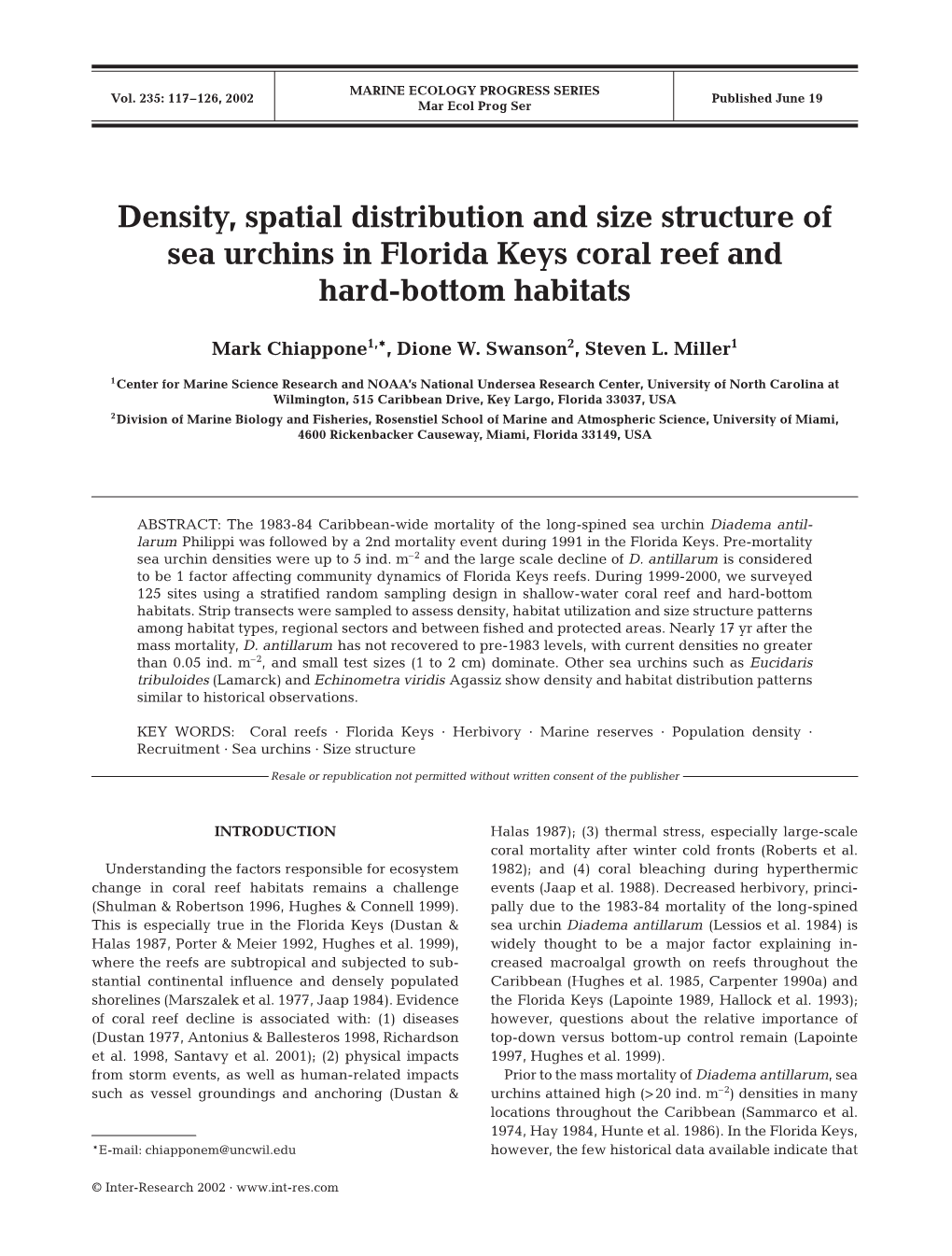 Density, Spatial Distribution and Size Structure of Sea Urchins in Florida Keys Coral Reef and Hard-Bottom Habitats