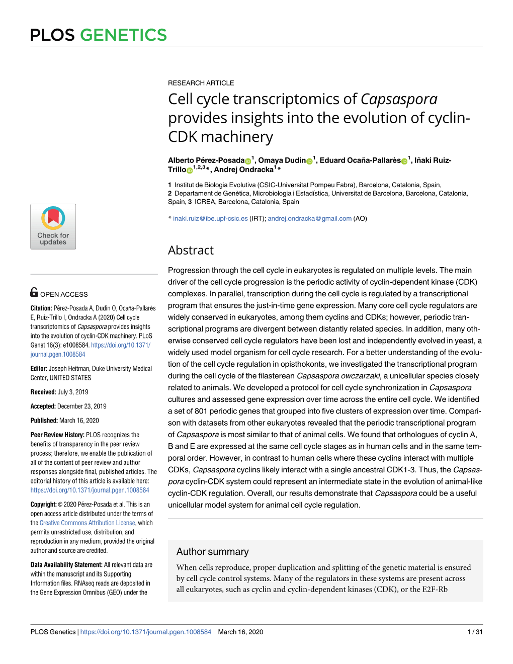 Cell Cycle Transcriptomics of Capsaspora Provides Insights Into the Evolution of Cyclin- CDK Machinery