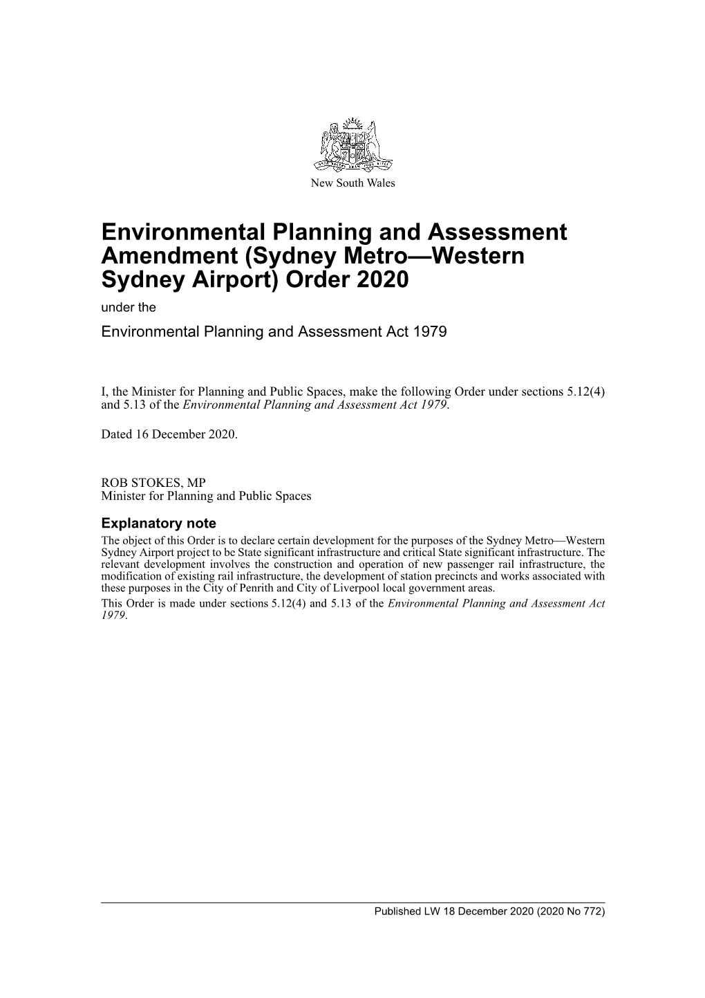 (Sydney Metro—Western Sydney Airport) Order 2020 Under the Environmental Planning and Assessment Act 1979