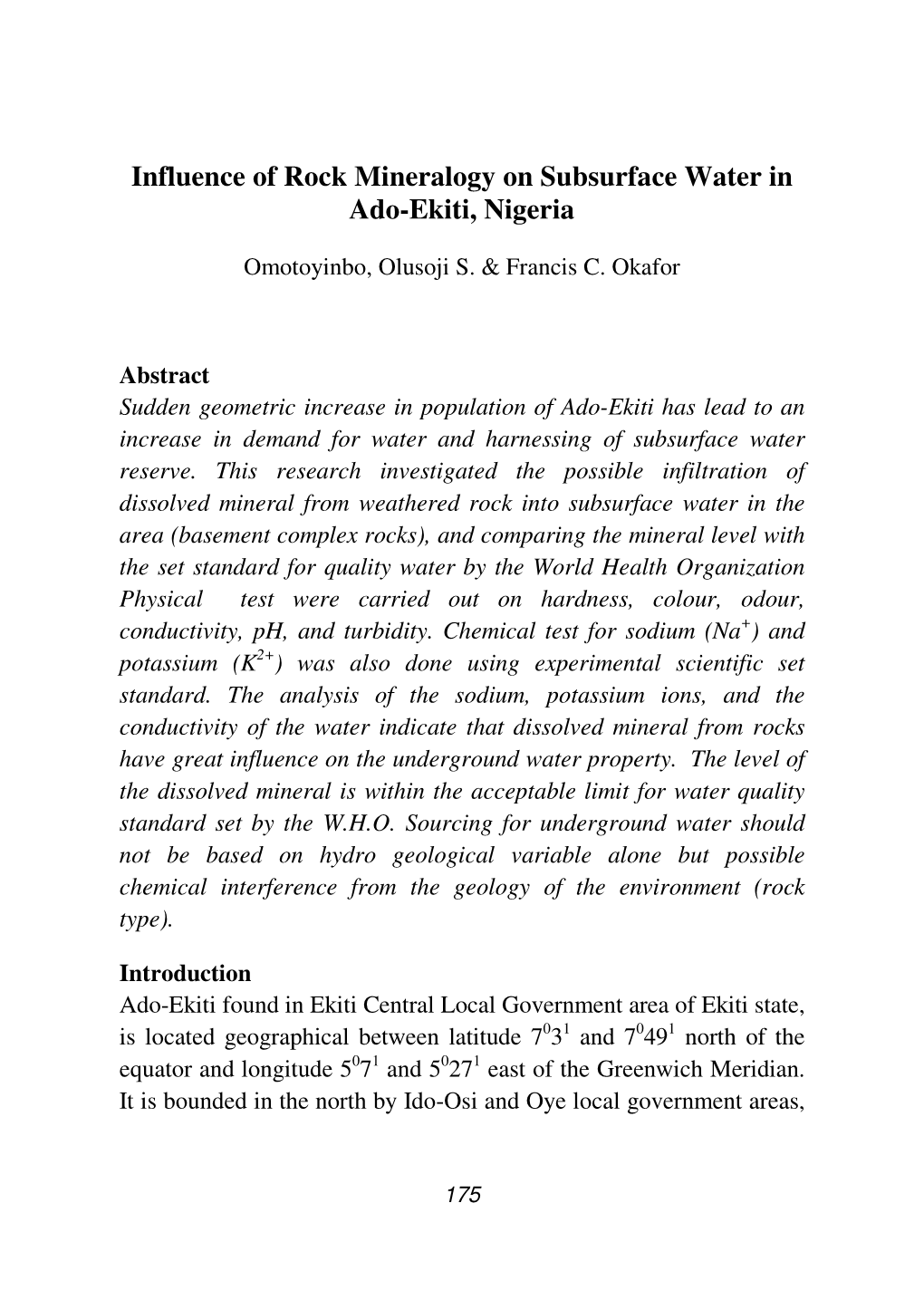 Influence of Rock Mineralogy on Subsurface Water in Ado-Ekiti, Nigeria