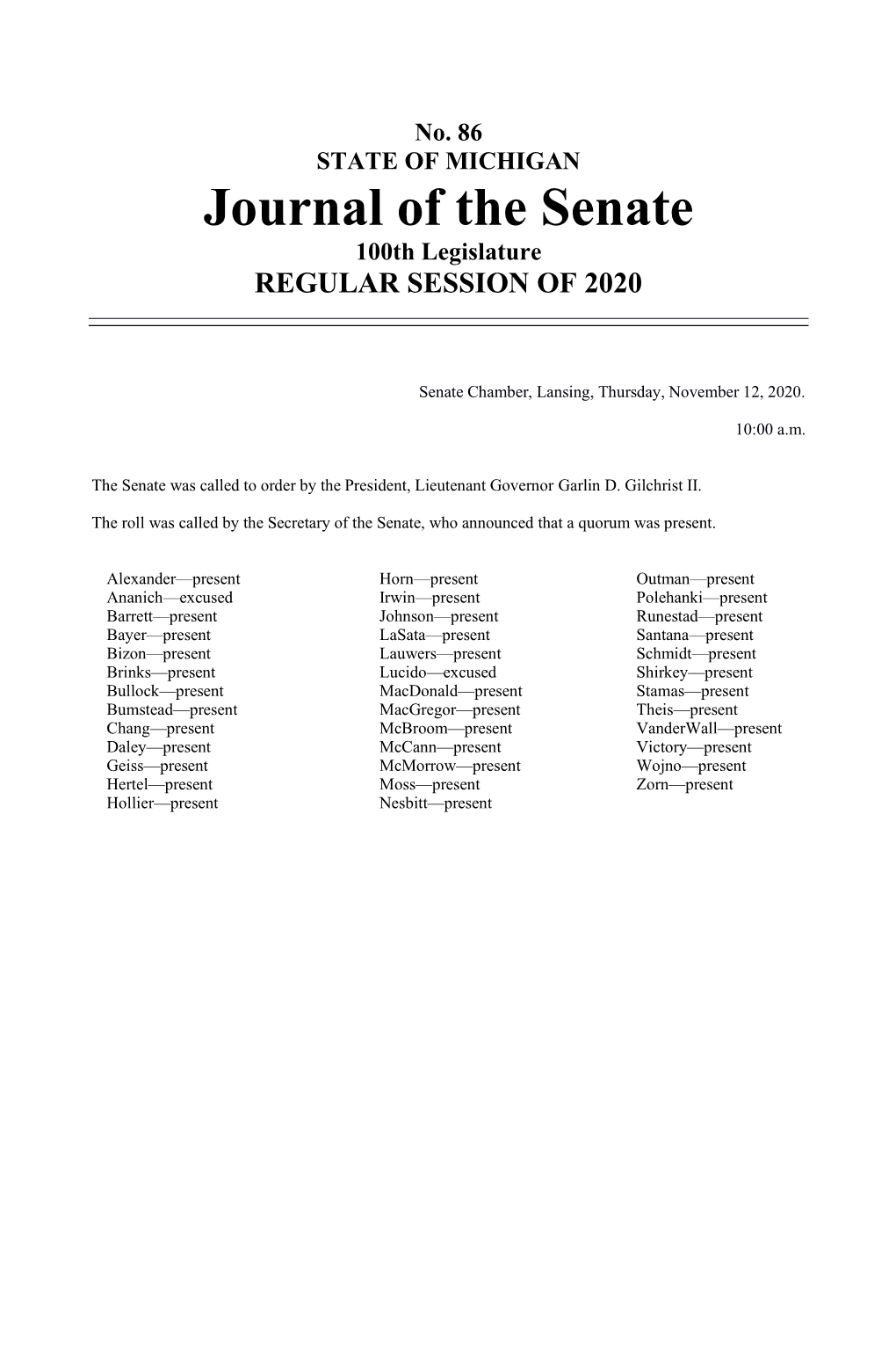 Journal of the Senate 100Th Legislature REGULAR SESSION of 2020