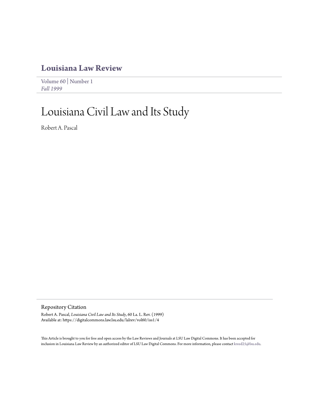 Louisiana Civil Law and Its Study Robert A