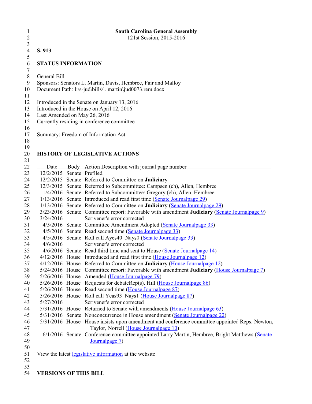 2015-2016 Bill 913: Freedom of Information Act - South Carolina Legislature Online