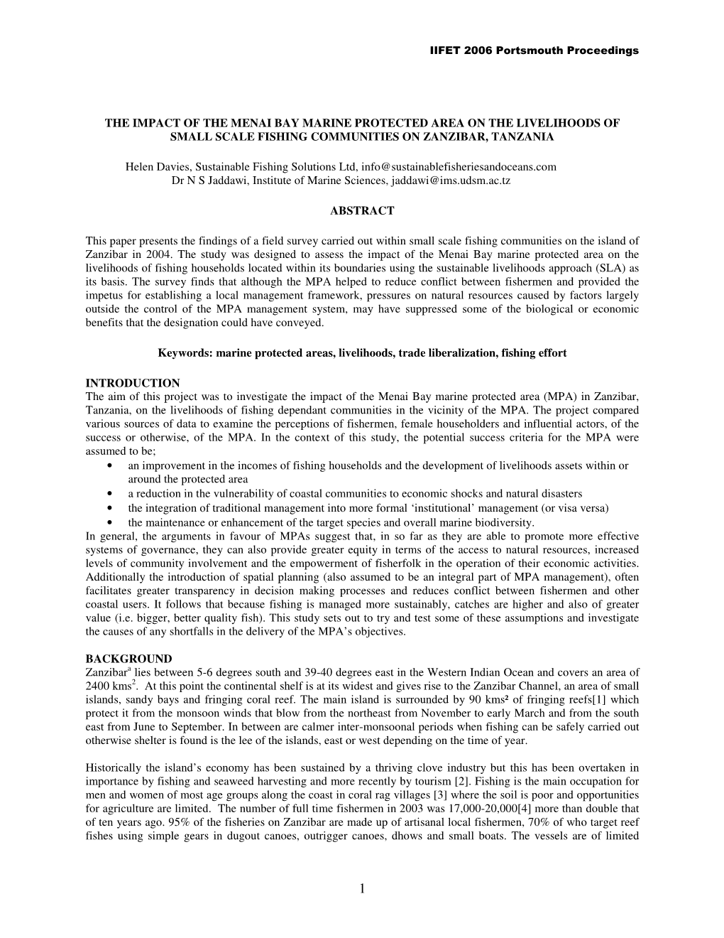 The Impact of the Menai Bay Marine Protected Area on the Livelihoods of Small Scale Fishing Communities on Zanzibar, Tanzania