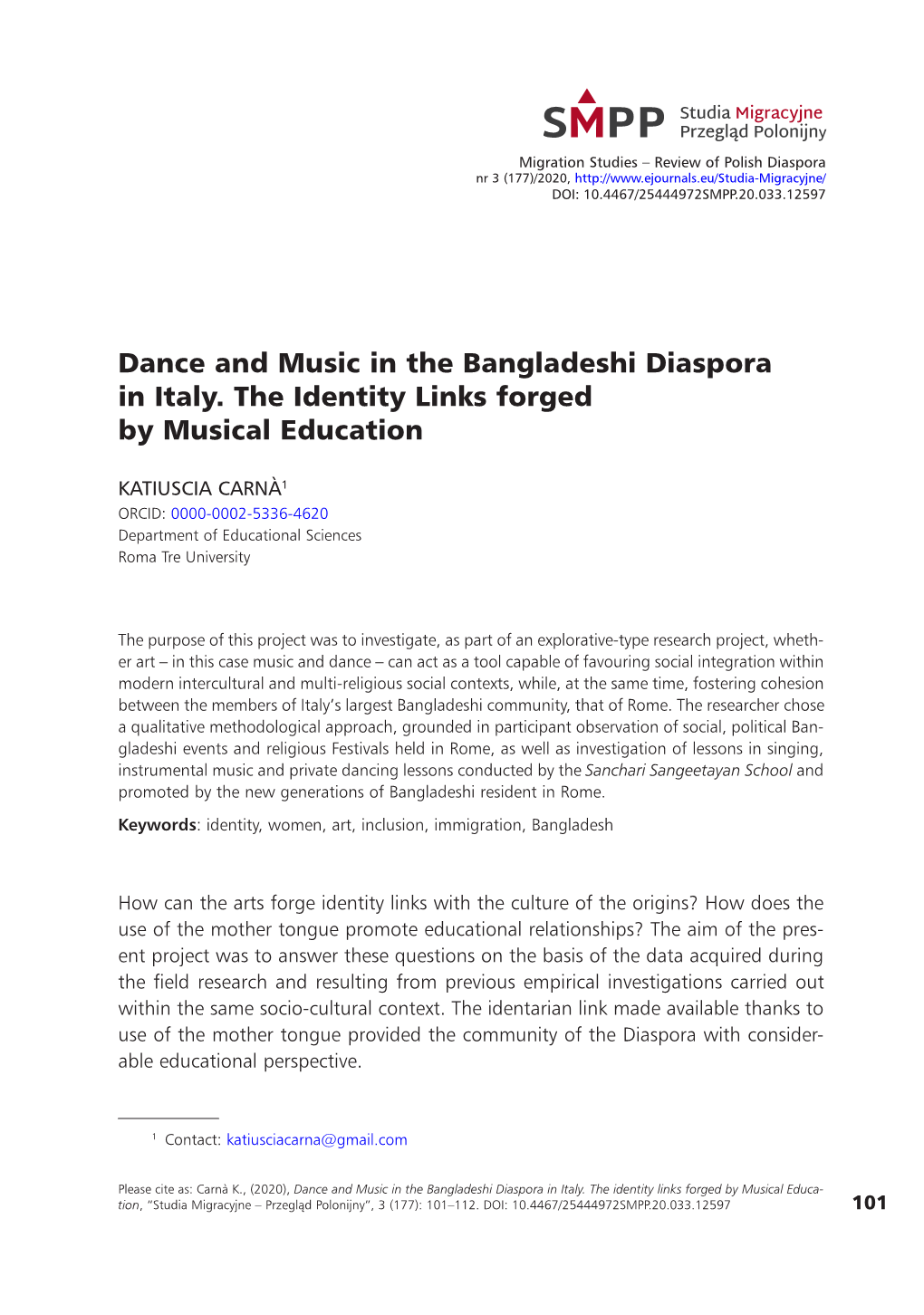 Dance and Music in the Bangladeshi Diaspora in Italy. the Identity Links Forged by Musical Education