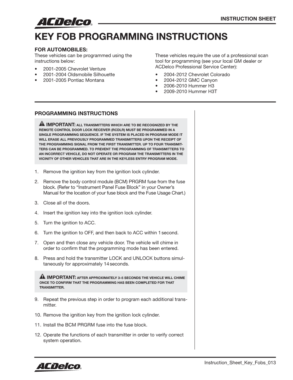 Key Fob Programming Instructions