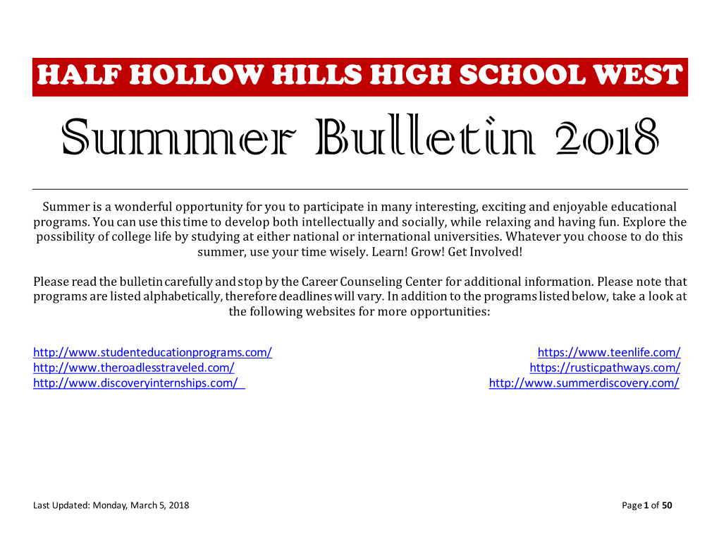 HALF HOLLOW HILLS HIGH SCHOOL WEST Summer Bulletin 2018