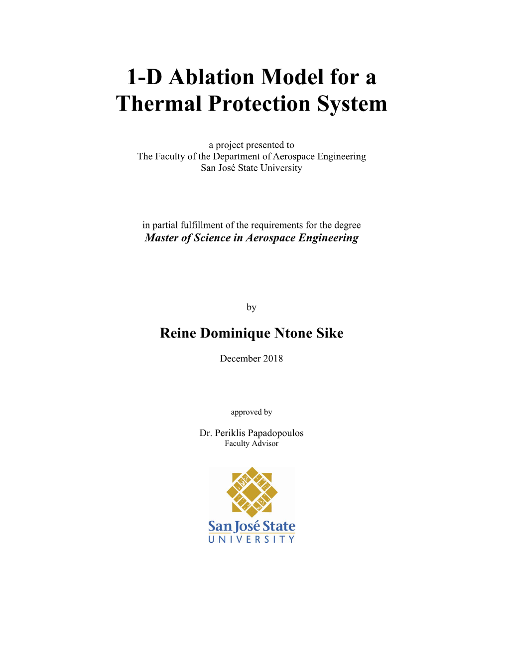 1-D Ablation Model for a Thermal Protection System