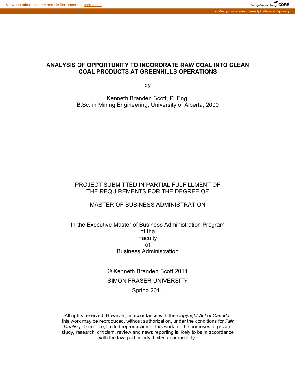 Analysis of Opportunity to Incororate Raw Coal Into Clean Coal Products at Greenhills Operations