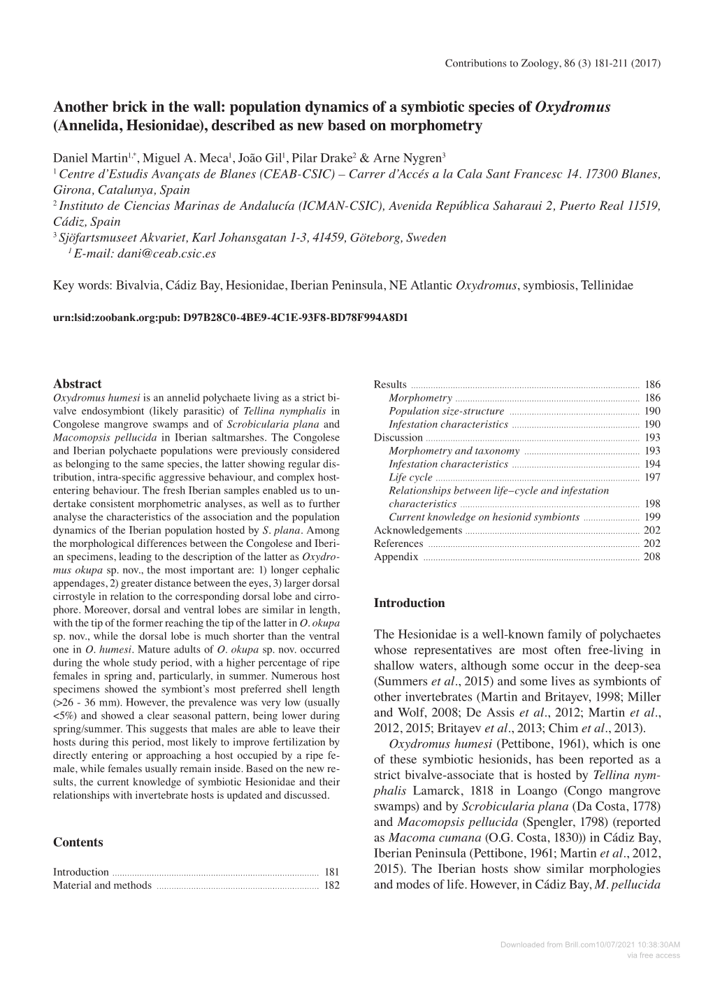 Population Dynamics of a Symbiotic Species of Oxydromus (Annelida, Hesionidae), Described As New Based on Morphometry