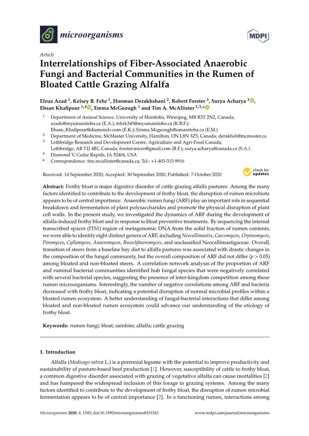 Interrelationships of Fiber-Associated Anaerobic Fungi and Bacterial Communities in the Rumen of Bloated Cattle Grazing Alfalfa